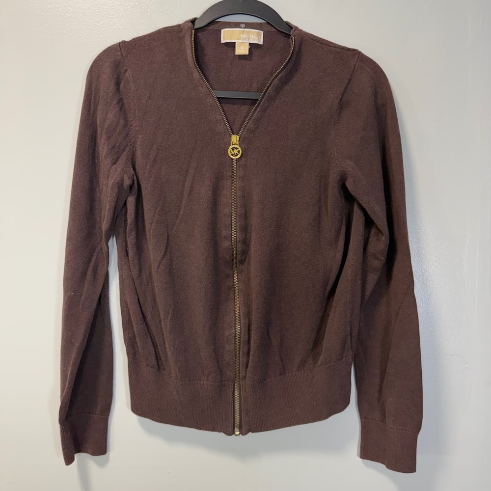 Michael Michael Kors Brown Full Zip Cardigan Sweater Medium MK Logo Pull